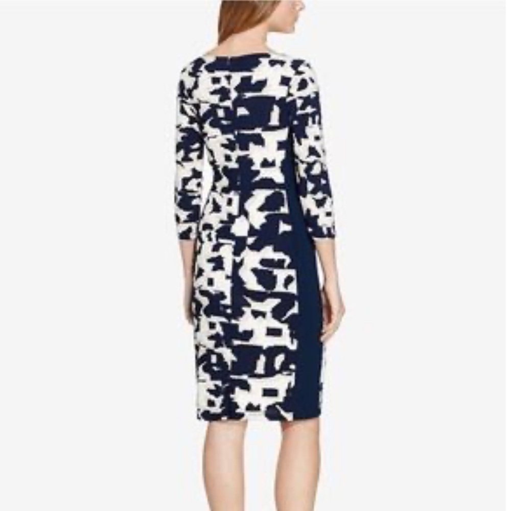 🎉Lauren Ralph Lauren Navy/White Abstract Print 3/4 Sleeve Sheath Dress 4 EUC